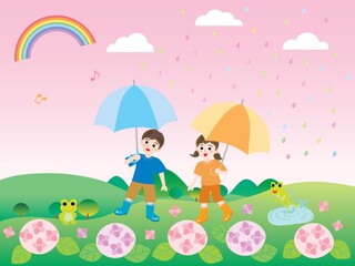 梅雨の紫陽花と子供たちと里山の風景