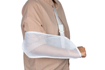 Woman with injured arm, arm sling or band-aid standing for first aid or training.