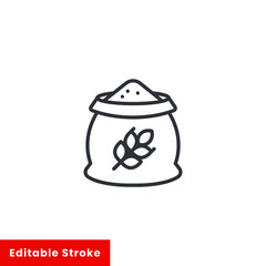 Grain bag icon. Bag of wheat, farming agriculture, feed bag, seed sack. Wheat ears and flour bag. Bread flour logo pictogram. Editable stroke Vector illustration. Design on white background. EPS 10