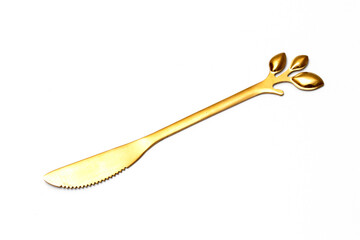 Top view of golden Slicing knife isolated white background.
