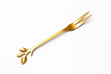 Top view of golden fork isolated white background.