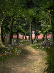 Bright footpath in the blooming forest - 406437736