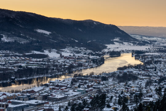 Sunset over Drammen, a town in the Buskerud province of Norway	