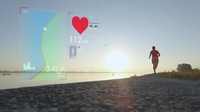 Motion graphics animation running jogging display information animated monitor distance Heart rate, long distance marathon during sunset on the sea. Virtual reality artificial robotic intelligence