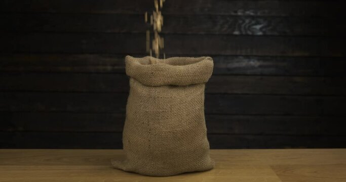 Open classic burlap sack, filled with falling peas grains. Seed in sack on wooden table.