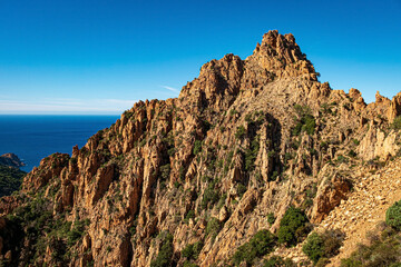 Rock formations in the bizzare landscape of Calanche de Piana, located in n the Gulf of Porto, on the west coast of Corsica, France