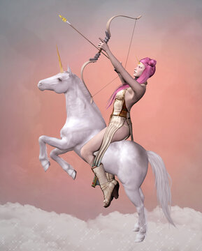 Knight with a bow riding a white unicorn on a pink background
