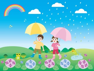 梅雨の紫陽花と子供たちと里山の風景
