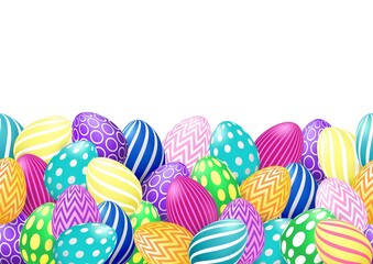 Vector endless border with colorful Easter eggs on white background. Horizontal seamless pattern with realistic decorated eggs. Invitation template, Easter banner, greeting card, promotion, poster. 