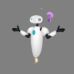 Confused white flying robot. The bot makes a helpless gesture. Vector.