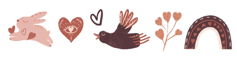 Set of Boho Love hand drawn logos. Valentines Day quotes for Bohemian style badhes, postcards, photo overlays, greeting cards,