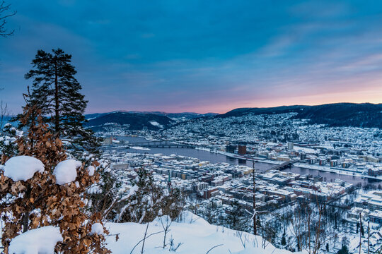 Sunset over Drammen, a town in the Buskerud province of Norway	