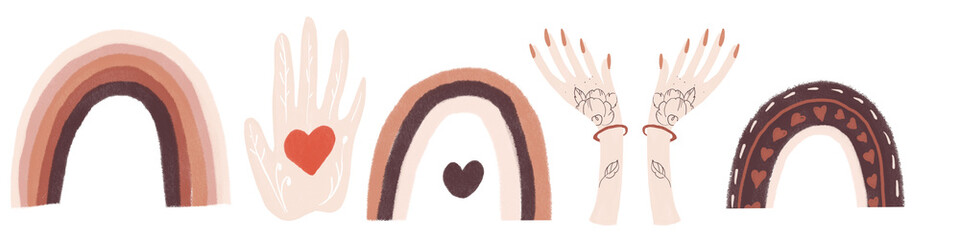 Obraz premium Set of Boho Love hand drawn logos. Valentines Day quotes for Bohemian style badhes, postcards, photo overlays, greeting cards,