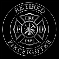 Retired Firefighter Silver Emblem is a design illustration that includes a classic silver fire department Maltese cross and text in a circle that says Retired Firefighter. Great promotional graphic.