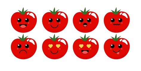 Set of cute cartoon colorful tomato with different emotions. Funny emotions character collection for kids. Fantasy characters. Vector illustrations, cartoon flat style