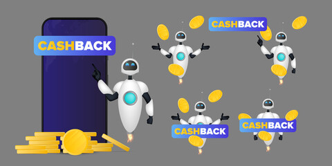 Set of White flying robots and gold coins in the air. Cashback concept. For the topic of saving and returning money. Isolated. Vector illustration.
