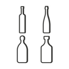 Vodka red wine tequila rum bottle. Linear shape. Simple template. Isolated object. Symbol in thin lines for alcoholic pub, bars, restaurants. Dark outline. Flat illustration on white backdrop