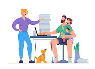 Freelancer man working from distracted from work with family life, shouting wife, kids and pet. Isolated employee sitting by computer with lots of papers. Cartoon character, vector in flat style