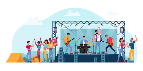 Open air festival, rock band on stage isolated musicians and crowd of fans people. Vector music players perform on electric guitars, drums kit set, singer sing songs in microphone, summer stage