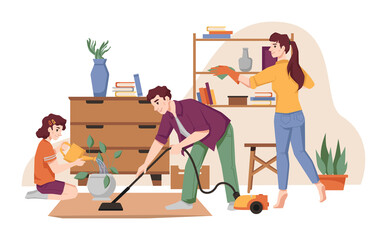 Family cleans house, vacuums carpet by vacuum cleaner, dust furniture, takes care about flower pots. Vector housework and house chores, mother, father and daughter tidy up flat, housekeeping