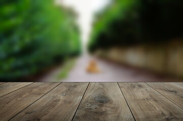 nice empty wooden table with grand park background