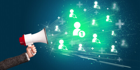 Young person yellin in loudspeaker with friend request icon, social networking concept