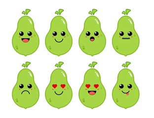 Set of cute cartoon colorful green pear fruit with different emotions. Funny emotions character collection for kids. Fantasy characters. Vector illustrations, cartoon flat style