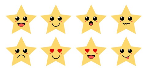 Set of cute cartoon colorful yellow star with different emotions. Funny emotions character collection for kids. Fantasy characters. Vector illustrations, cartoon flat style