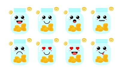 Set of cute cartoon colorful money box jar with different emotions. Funny emotions character collection for kids. Fantasy characters. Vector illustrations, cartoon flat style