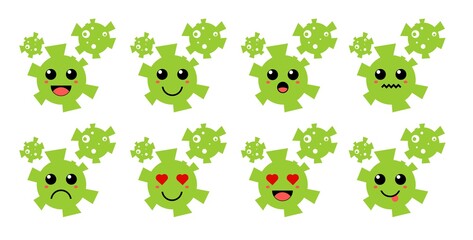Set of cute cartoon colorful green virus with different emotions. Funny emotions character collection for kids. Fantasy characters. Vector illustrations, cartoon flat style
