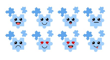 Set of cute cartoon colorful blue puzzle with different emotions. Funny emotions character collection for kids. Fantasy characters. Vector illustrations, cartoon flat style