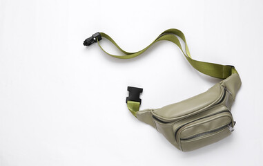 Waist banana bag on white background. Top view