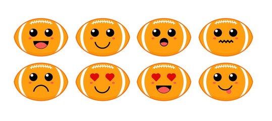 Fototapeta premium Set of cute cartoon colorful rugby ball with different emotions. Funny emotions character collection for kids. Fantasy characters. Vector illustrations, cartoon flat style