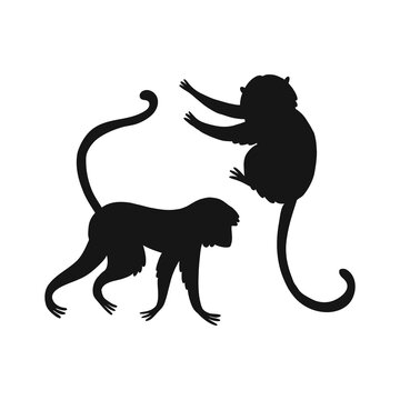 Cartoon monkey silhouette design element isolated on white. Jungle animal black shape clipart set. Perfect for one colour silk screen printing cricut design