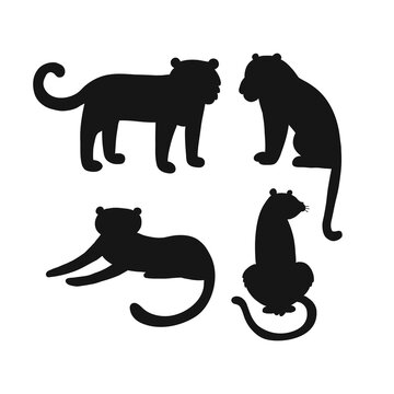 Cartoon tiger panther leopard silhouette design element isolated on white. Jungle wild cat black shape clipart set. Perfect for one colour silk screen printing cricut design