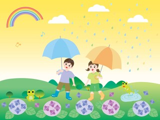 梅雨の紫陽花と子供たちと里山の風景