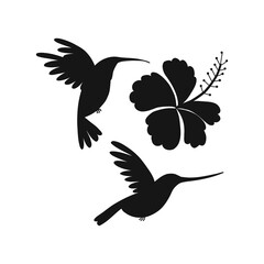 Cartoon humming bird fly around hibiscus silhouette design element isolated on white. Jungle bird and flower black shape clipart set. Perfect for one colour silk screen printing cricut design