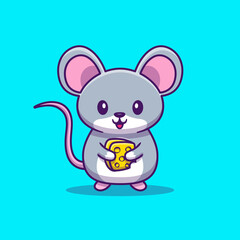 Cute Mouse Holding Cheese Cartoon Vector Icon Illustration. Animal Food Icon Concept Isolated Premium Vector. Flat Cartoon Style
