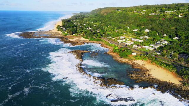 Explore Hawaii, High Up Fixed Aerial of the Entire Coastline of Sharks Cove to Banzai Pipeline Oahu, 2020 Landscape Background. 