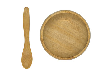 Empty bamboo wooden brown bowl and spoon isolated on white
