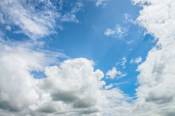 Scenic nature landscape with beautiful cirrus clouds in blue sky. Colorful cloudscape with spindrift clouds in blue sky. Nature background of sky with cirrostratus clouds. Natural cloudy sky backdrop.