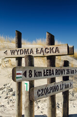 Obraz premium Moving dunes at sunny day, Slowinski National Park, Leba. Sand and blue sky