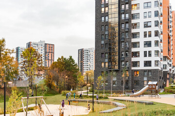 Moscow. Russia. Autumn 2020. Modern courtyards of one of the housing complexes of Kommunarka