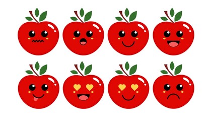 Set of cute cartoon colorful red apple fruit with different emotions. Funny emotions character collection for kids. Fantasy characters. Vector illustrations, cartoon flat style
