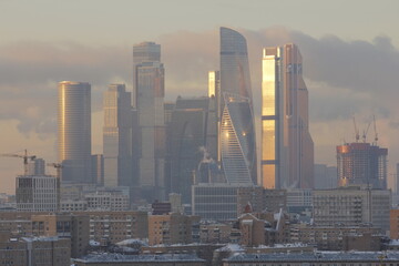 Moscow city skyline at sunset in cold winter day