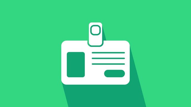 White Identification badge icon isolated on green background. It can be used for presentation, identity of the company, advertising. 4K Video motion graphic animation.