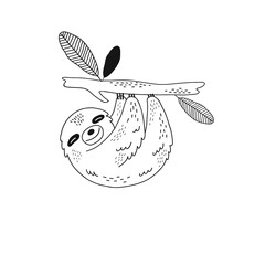 Cute sloth hanging on branch isolated vector illustration. Jungle animal black and white childish graphic drawing Perfect for one colour silk screen printing t-shirt design © AngellozOlga