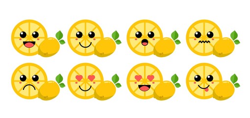 Set of cute cartoon colorful lemon slice with different emotions. Funny emotions character collection for kids. Fantasy characters. Vector illustrations, cartoon flat style