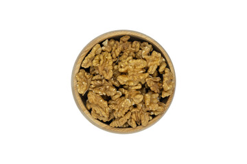 Wallnut in wooden bowl on white background