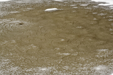 Frozen river, white snow, brown ice